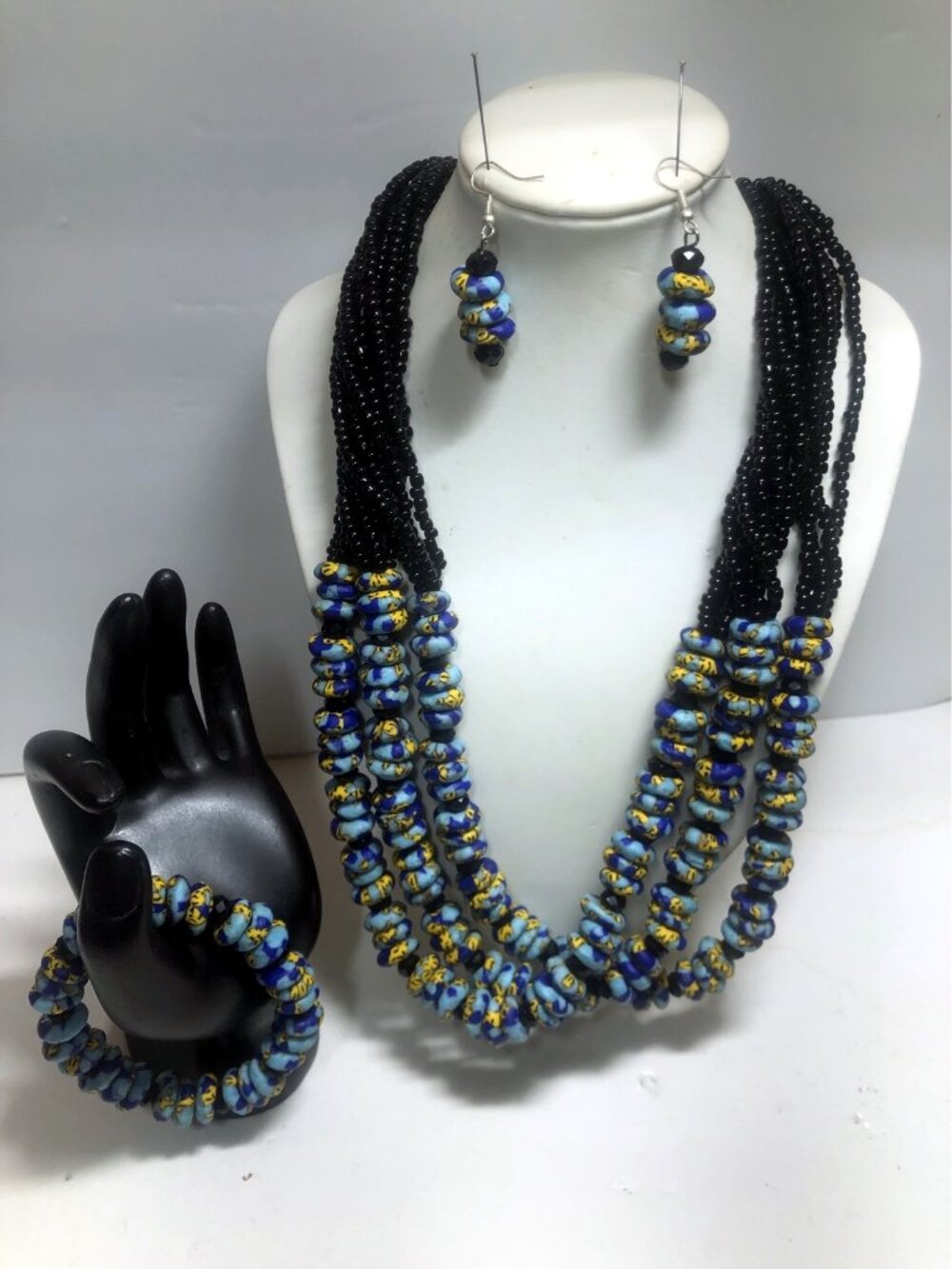 Millefiori Art glass 3 strand statement necklace bracelet earr. set blue black